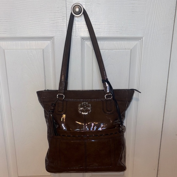 Brighton Vintage Patent Leather Brown Hand Bag with Tassel and Heart Charm - Picture 6 of 9